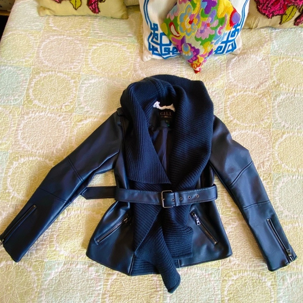 G.I.Ll. Blue faux leather belted moto jacket, attached knit shawl collar NWOT - Picture 3 of 15